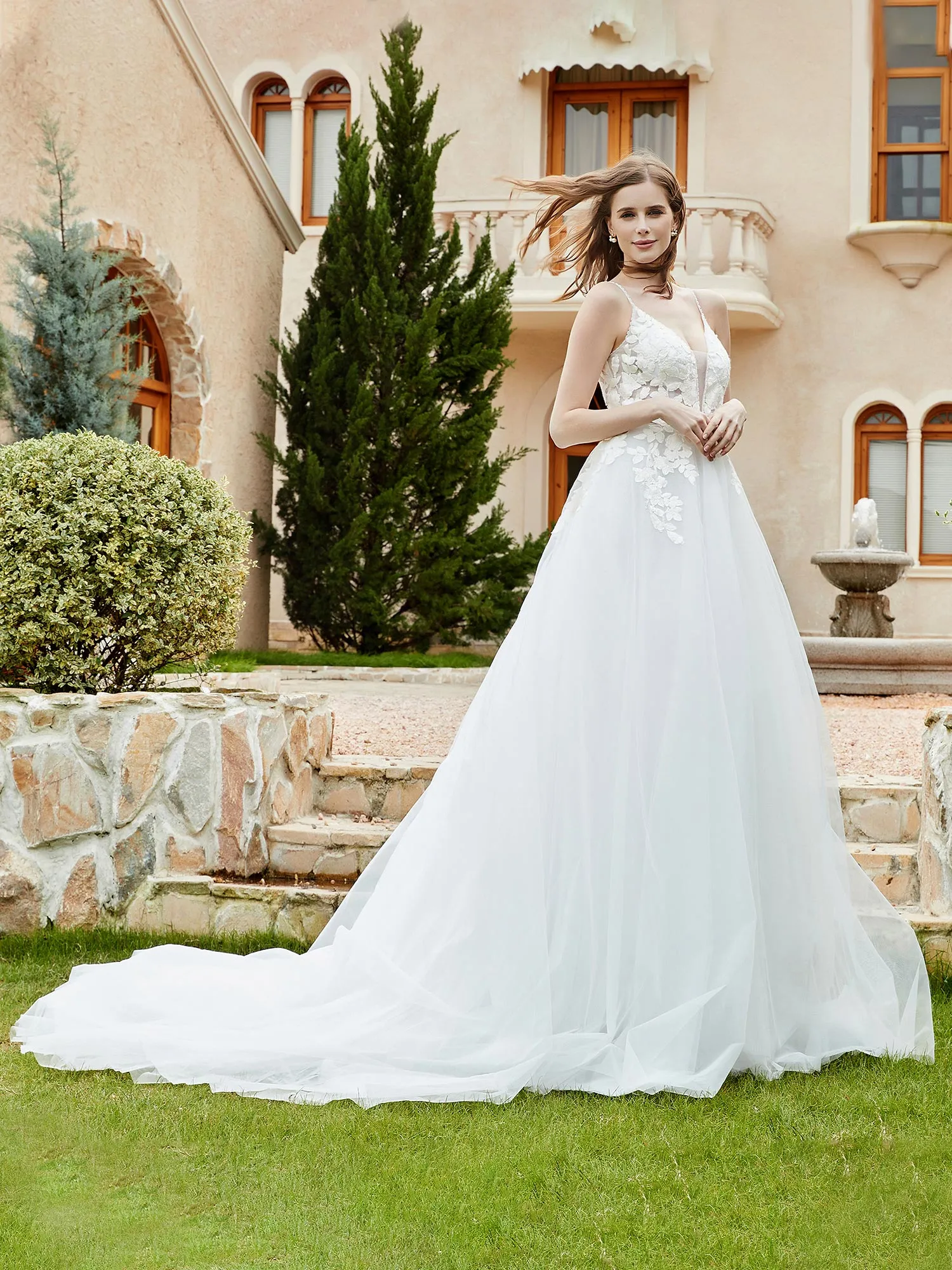 Elegant Plunging V-Neck Bridal Dress With Buttons Ivory