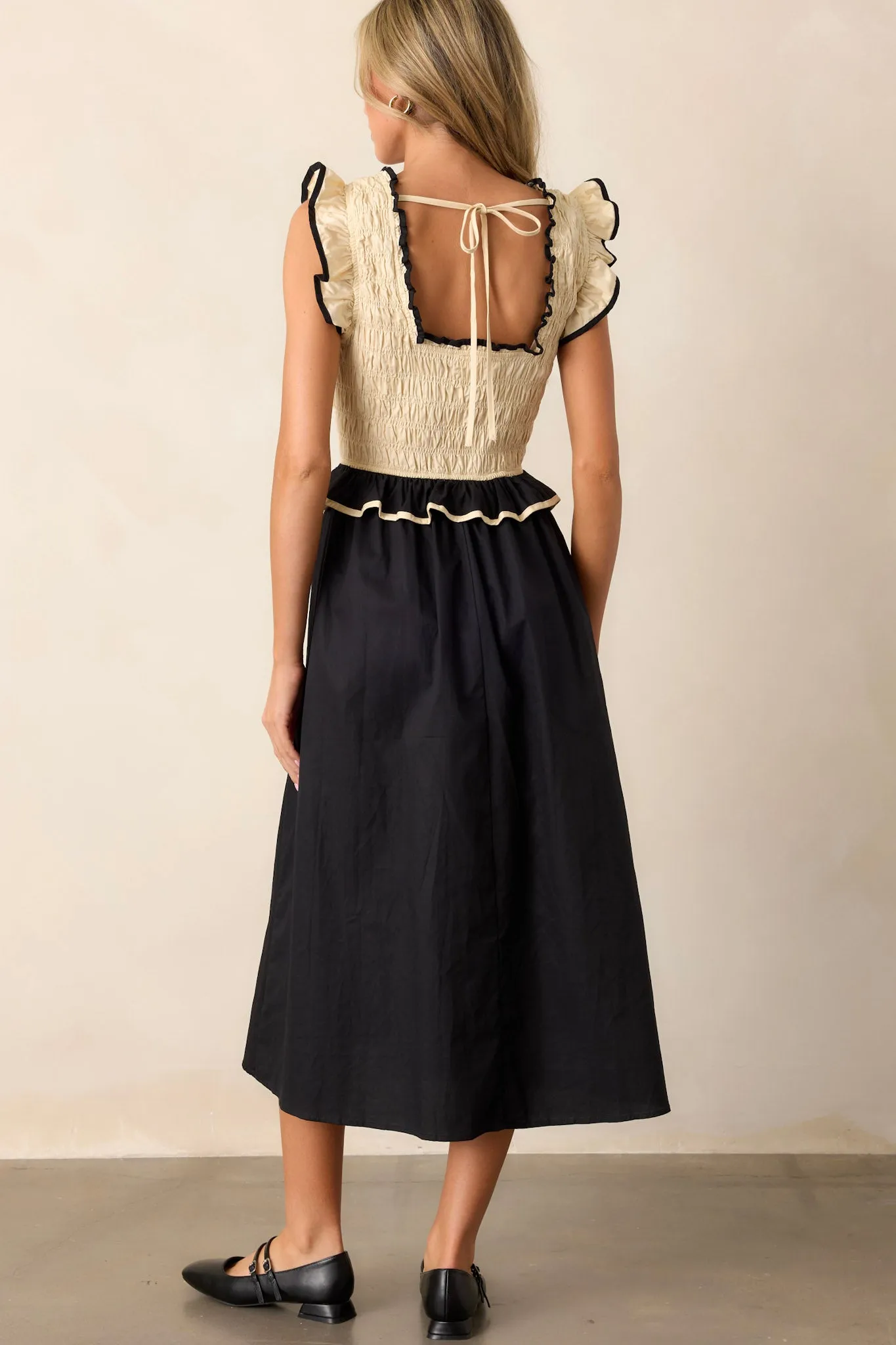 Endless Love 100% Cotton Ivory & Black Smocked Midi Dress