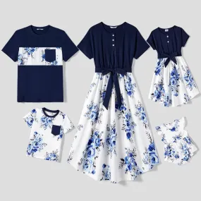 Family Matching Allover Floral Print  Dresses and Short-sleeve Colorblock T-shirts Sets