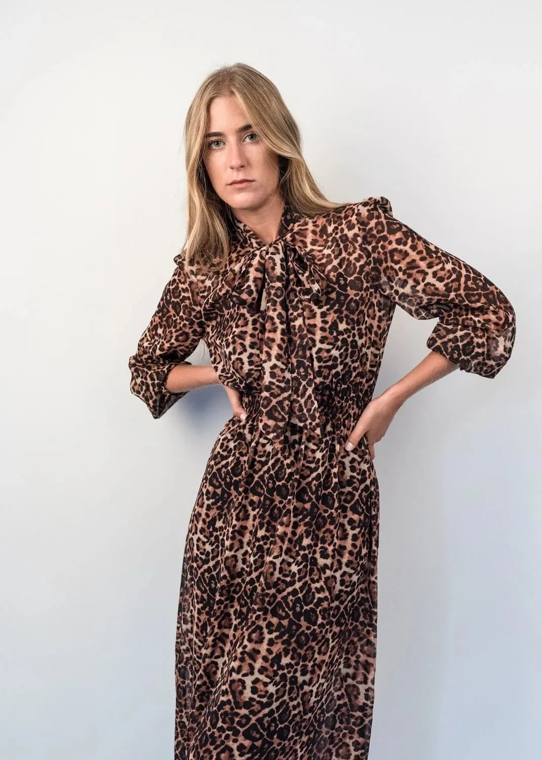 Fitted Animal Print Dress with Neck Tie Bow and Half Sleeve by Linu