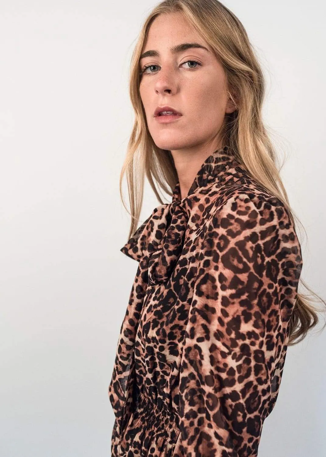 Fitted Animal Print Dress with Neck Tie Bow and Half Sleeve by Linu