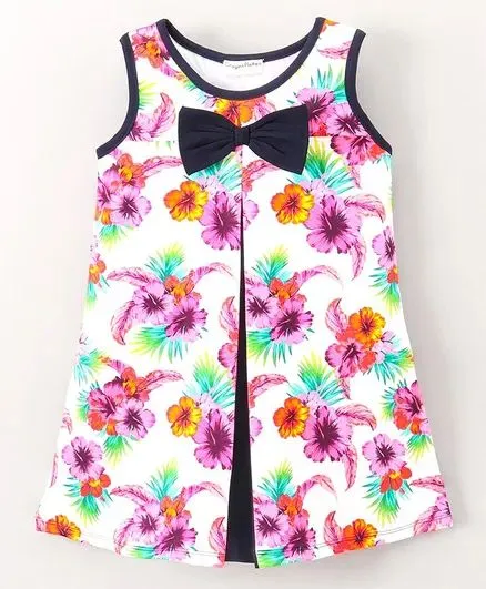 Floral Color Block Pleated Bow Dress