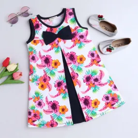 Floral Color Block Pleated Bow Dress