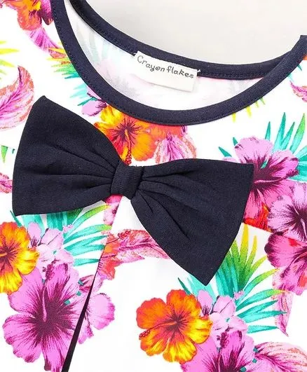 Floral Color Block Pleated Bow Dress