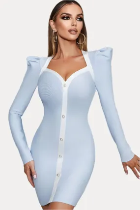 French fashion thin puff sleeves  hip bandage mini dress