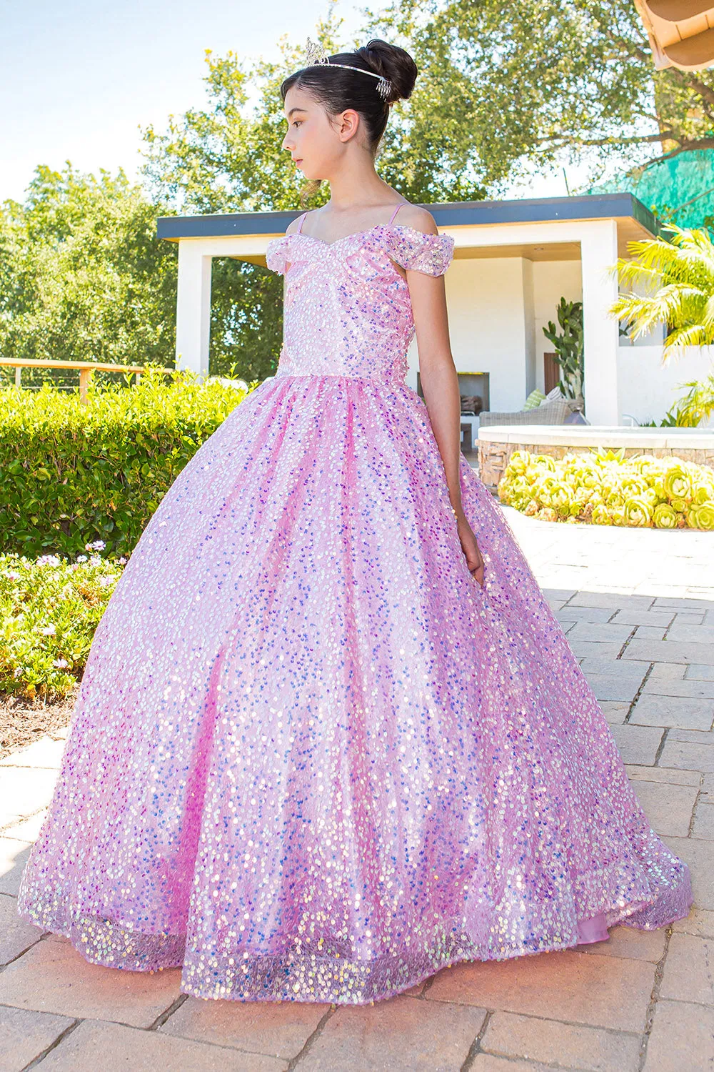 Girls Rainbow Sequin Glitter Tulle Off Shoulder Sweep Train Ball Gown, Sizes 2-16