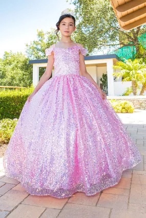 Girls Rainbow Sequin Glitter Tulle Off Shoulder Sweep Train Ball Gown, Sizes 2-16