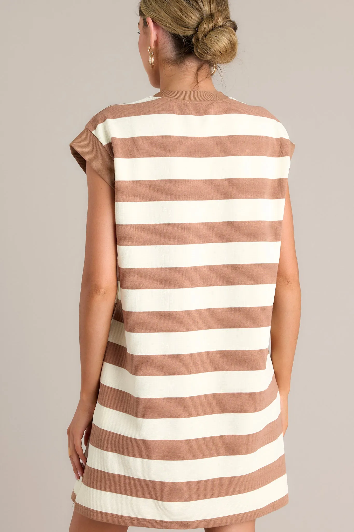 Harmony Horizon Light Brown Stripe Cap Sleeve Mini Dress