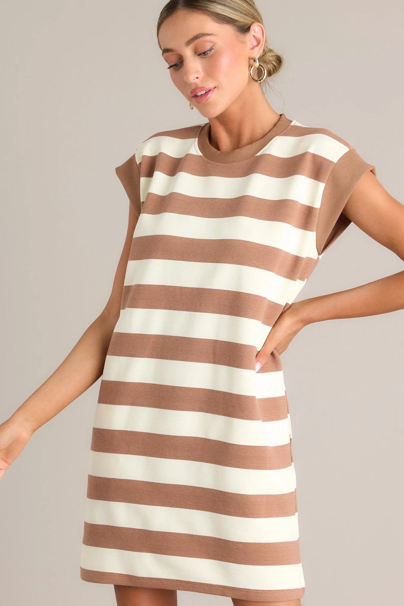 Harmony Horizon Light Brown Stripe Cap Sleeve Mini Dress
