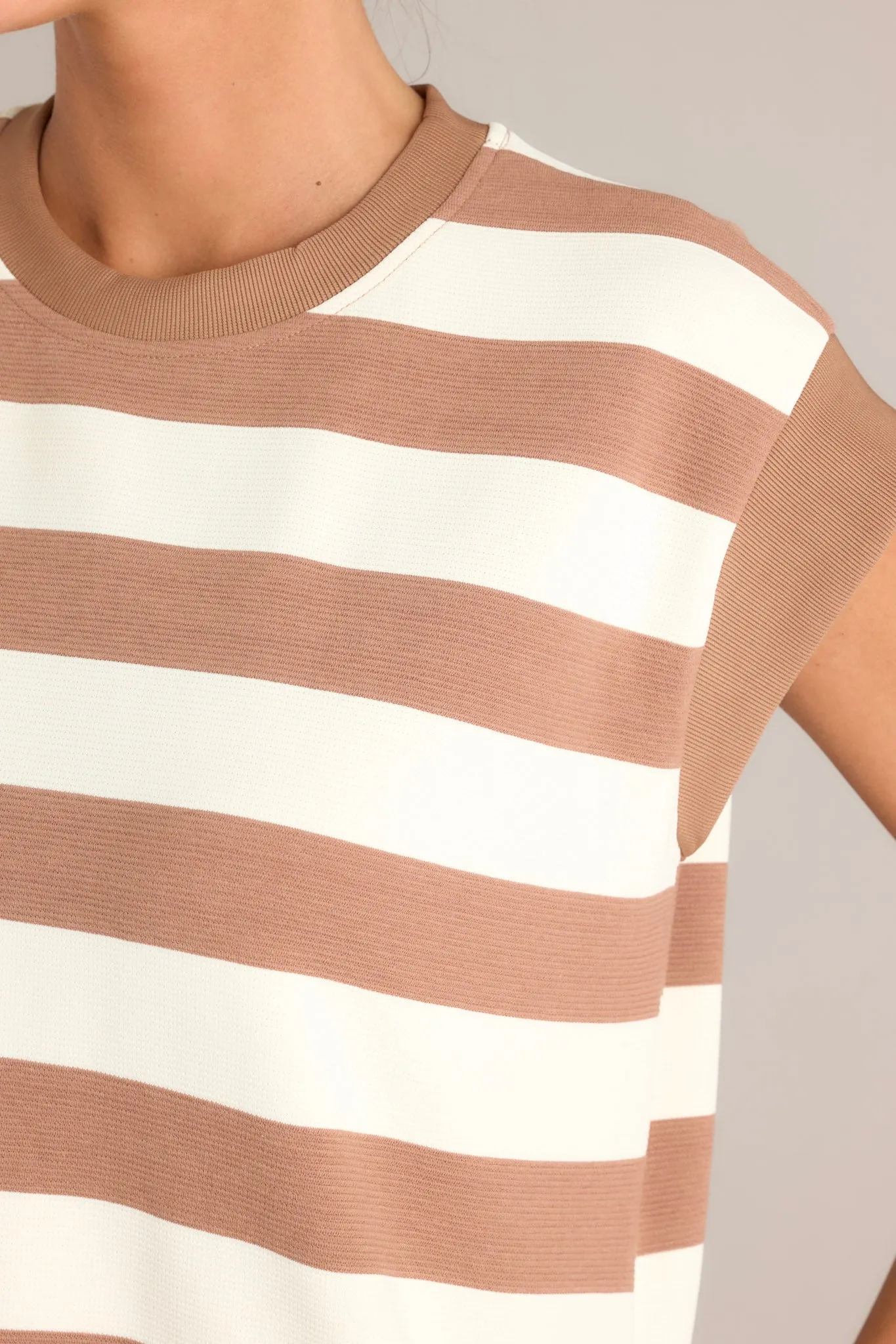 Harmony Horizon Light Brown Stripe Cap Sleeve Mini Dress