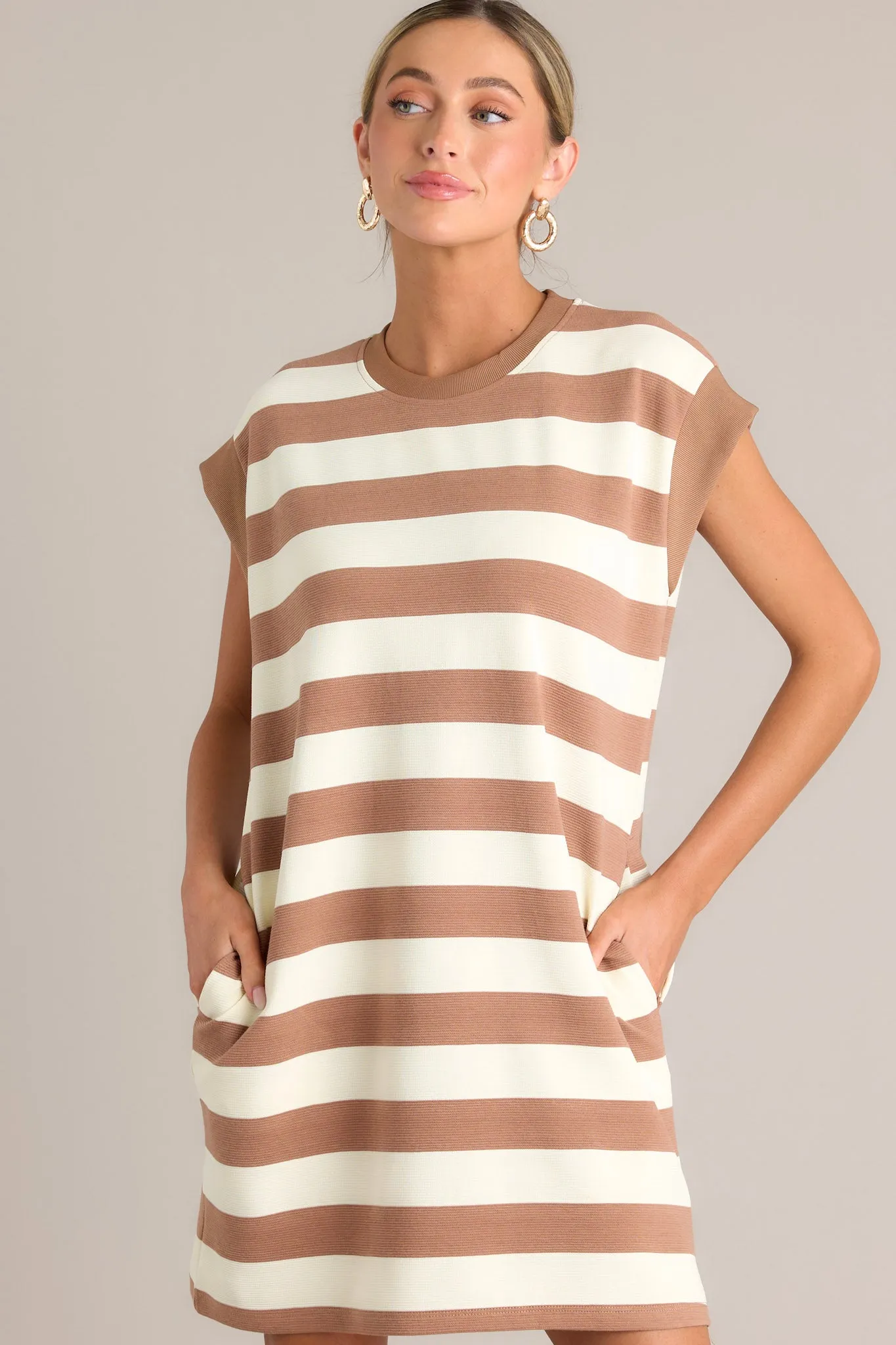 Harmony Horizon Light Brown Stripe Cap Sleeve Mini Dress