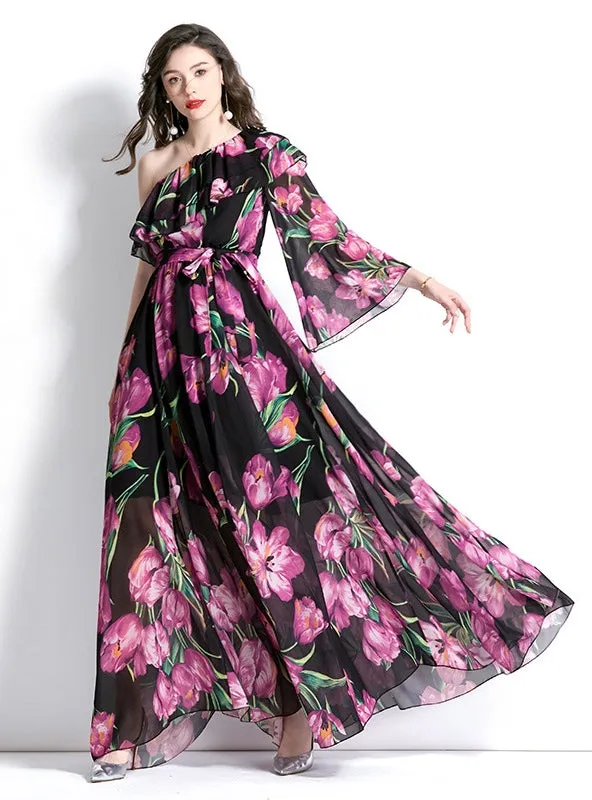 Holiday One-shoulder Flounced Beach Print Dress