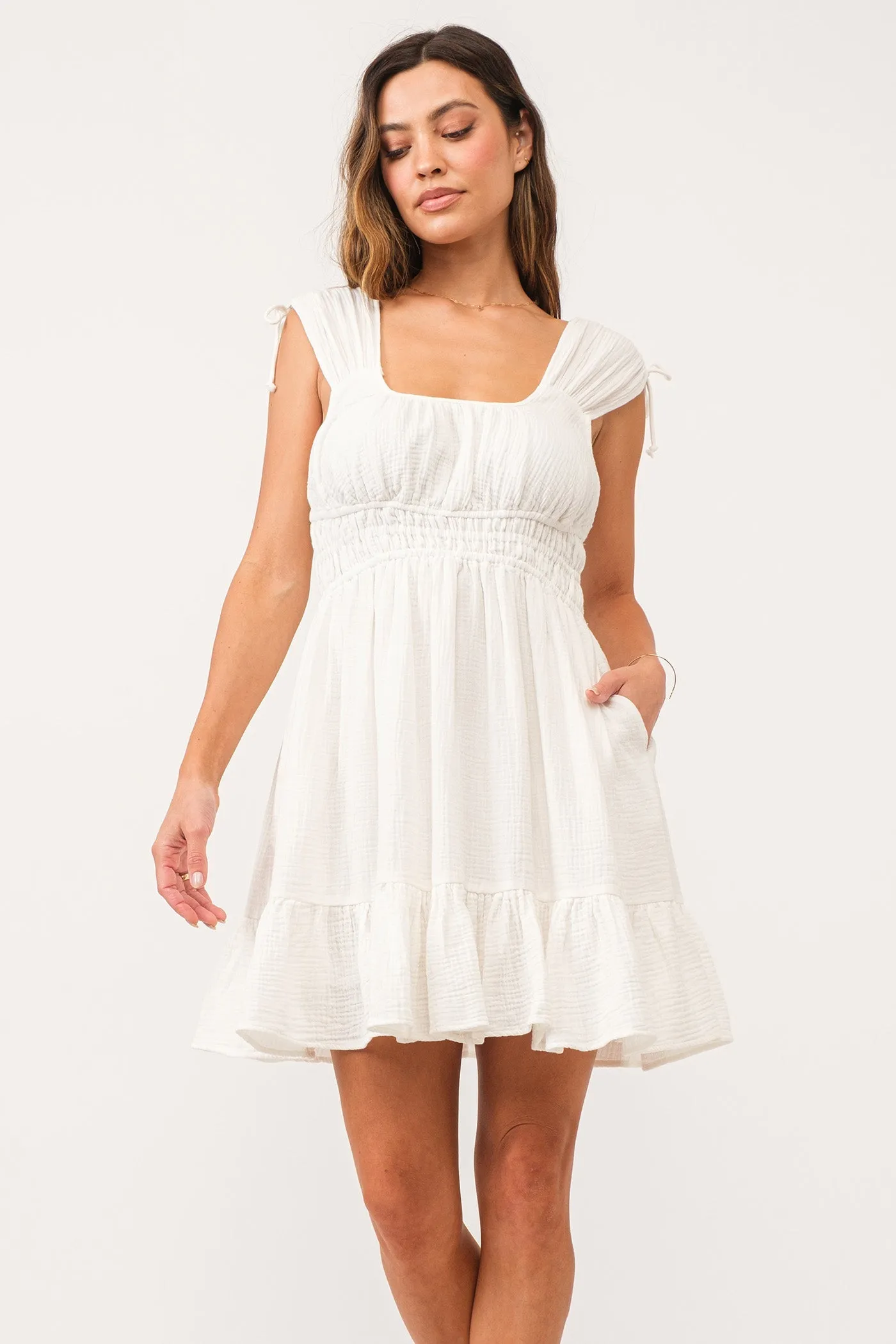 HOPE CINCHED TIE DRESS WHITE GAUZE
