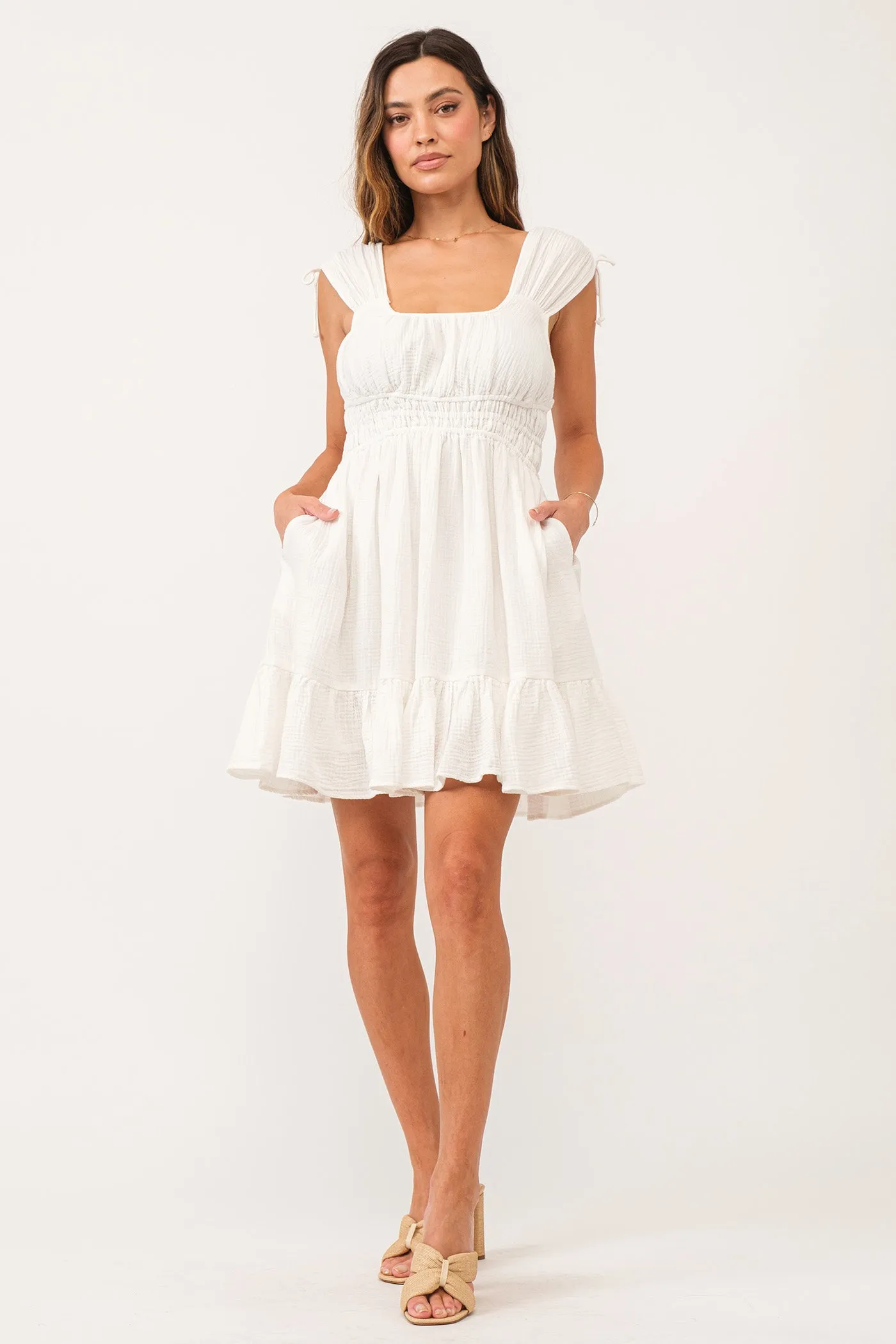 HOPE CINCHED TIE DRESS WHITE GAUZE