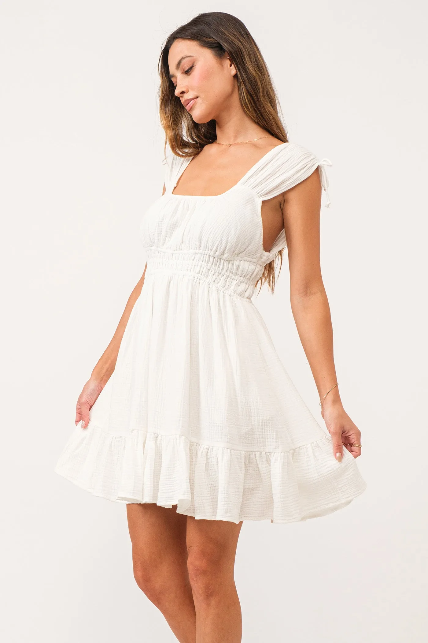 HOPE CINCHED TIE DRESS WHITE GAUZE