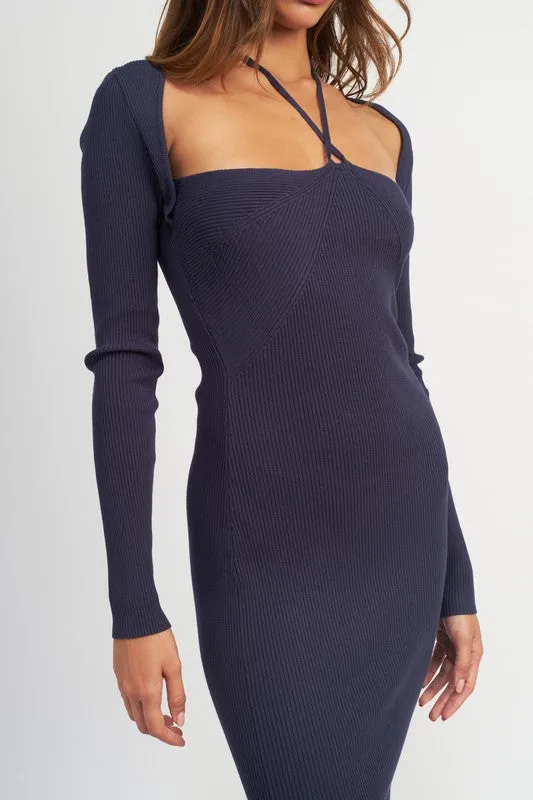 Hot Girl Braxton Halter Neck Bolero Sleeve Ribbed Maxi Dress
