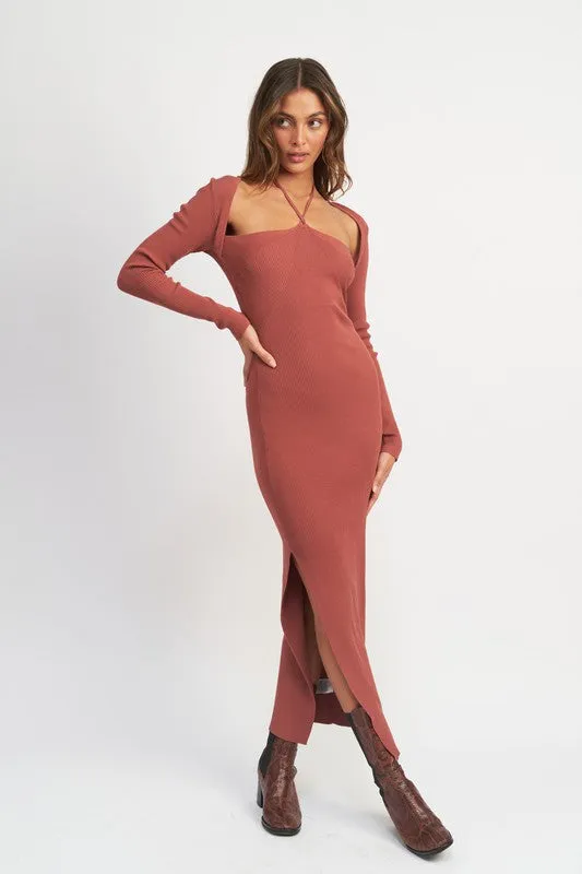 Hot Girl Braxton Halter Neck Bolero Sleeve Ribbed Maxi Dress