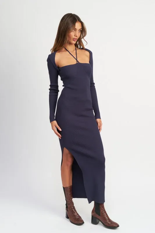 Hot Girl Braxton Halter Neck Bolero Sleeve Ribbed Maxi Dress