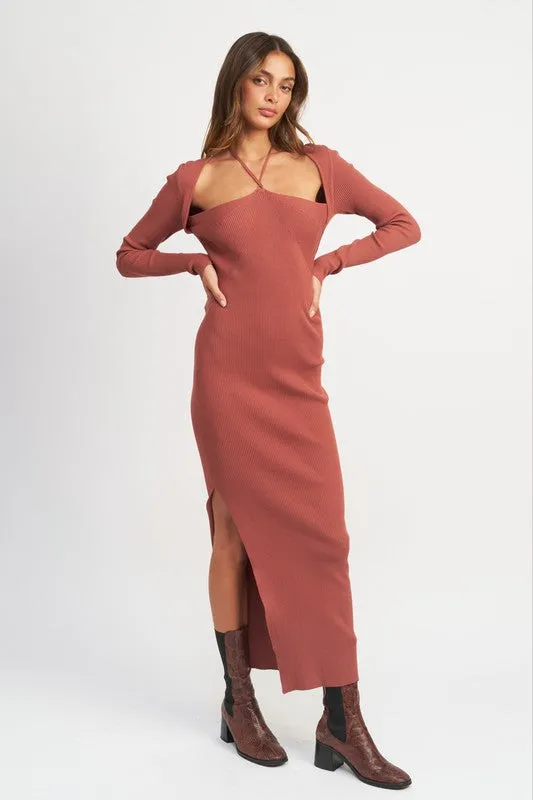 Hot Girl Braxton Halter Neck Bolero Sleeve Ribbed Maxi Dress