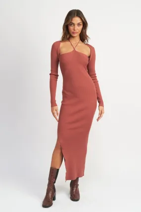 Hot Girl Braxton Halter Neck Bolero Sleeve Ribbed Maxi Dress