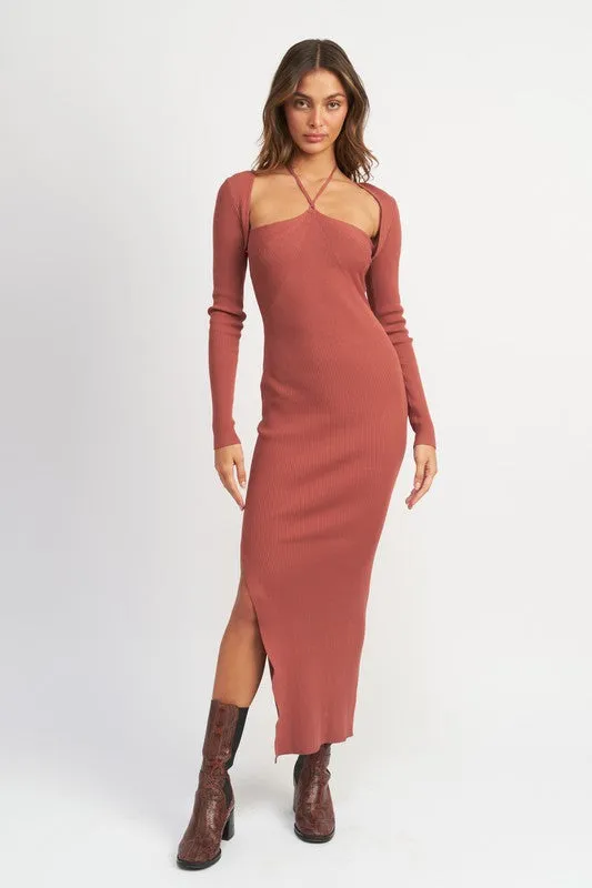 Hot Girl Braxton Halter Neck Bolero Sleeve Ribbed Maxi Dress