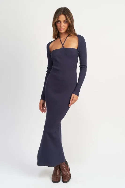 Hot Girl Braxton Halter Neck Bolero Sleeve Ribbed Maxi Dress