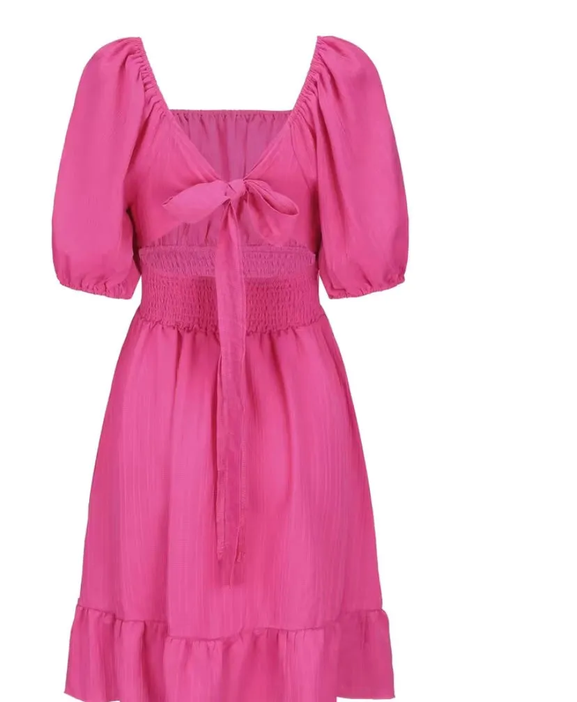 Hot Pink Puff Sleeve Bow Tie Back Dress