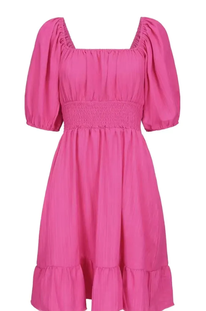 Hot Pink Puff Sleeve Bow Tie Back Dress