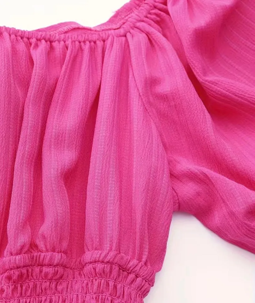 Hot Pink Puff Sleeve Bow Tie Back Dress