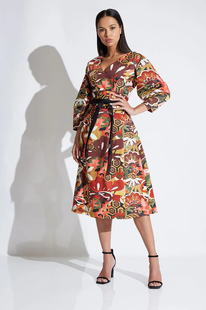 Ikebana Printed Cotton Sateen Lantern Sleeve Dress
