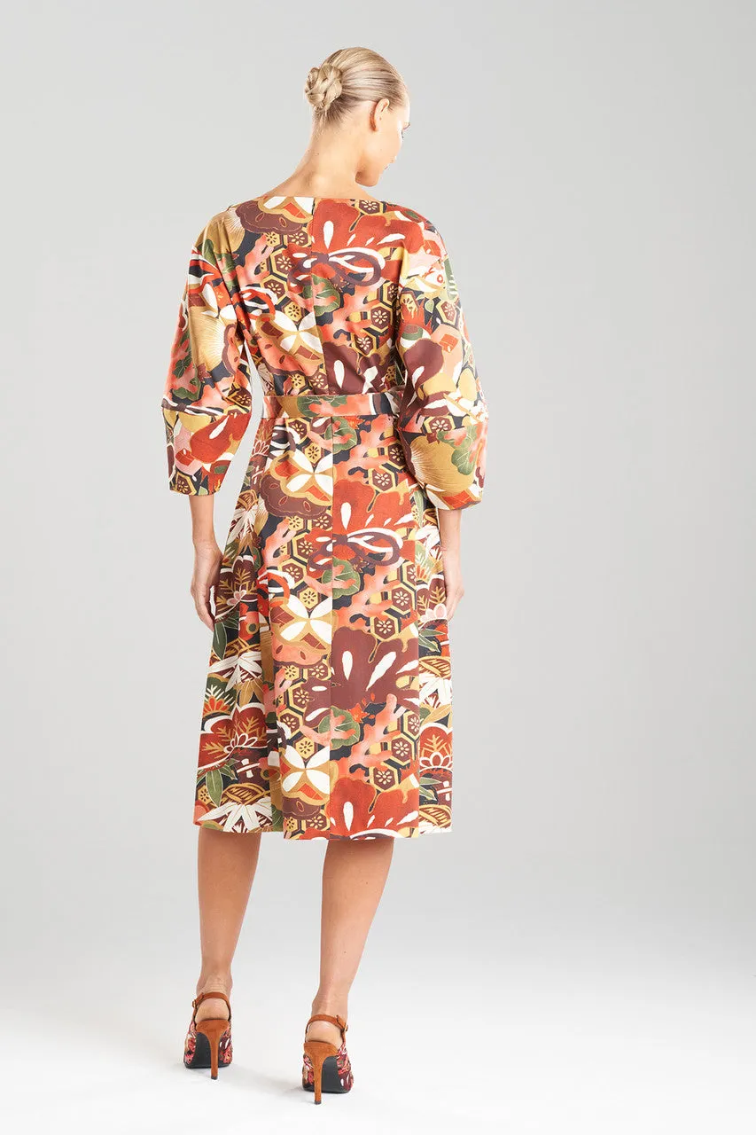 Ikebana Printed Cotton Sateen Lantern Sleeve Dress