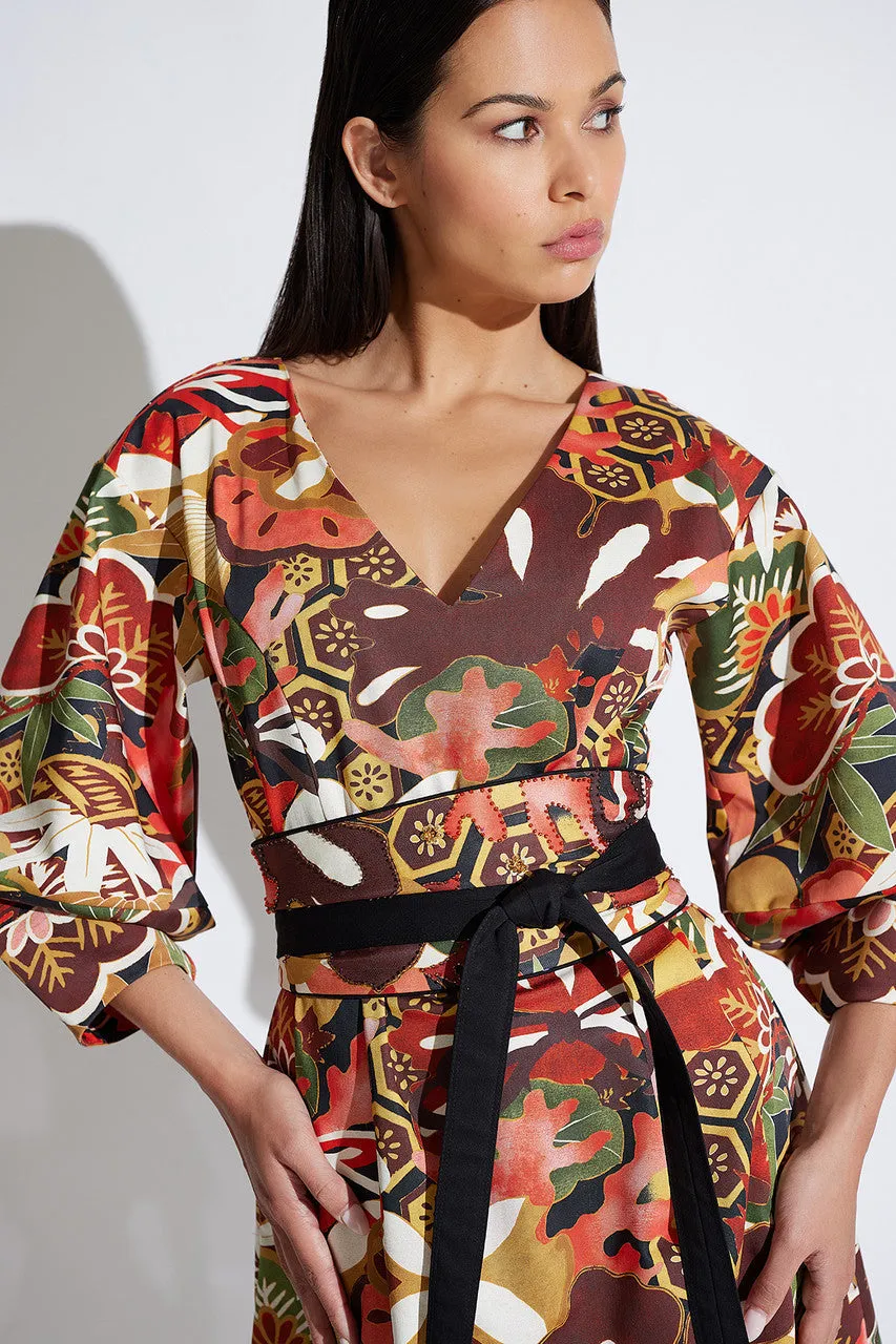 Ikebana Printed Cotton Sateen Lantern Sleeve Dress