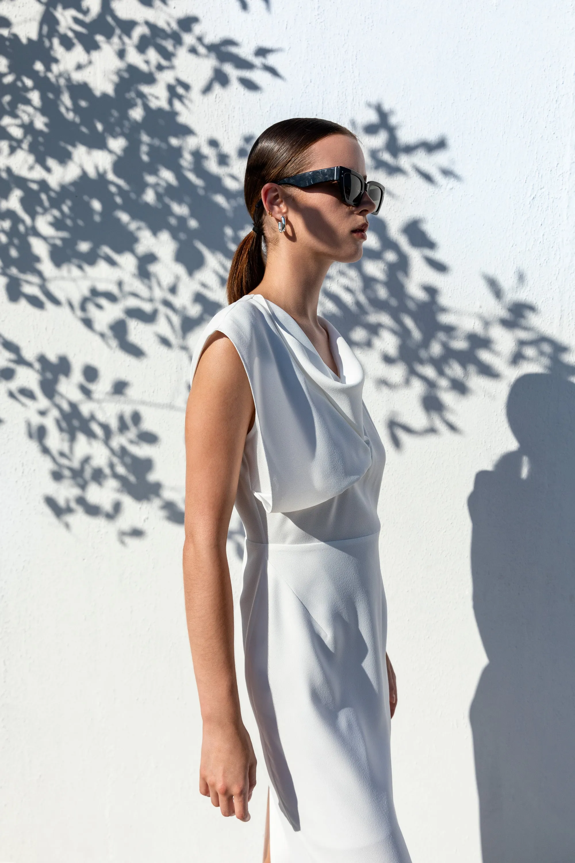 Kameya White Draped Asymmetric Neckline Midi Dress