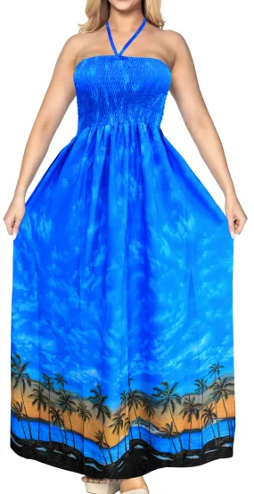 LA LEEL Swimwear Likre Printed Womens Beach wear Cover up Maxi tube Halter Dresses long Office Blue