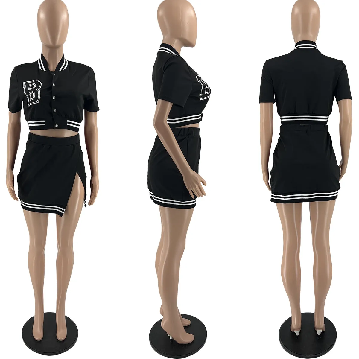 MB FASHION Cropped Varsity Jacket and High-Waisted Skirt Set with Slit 5089T
