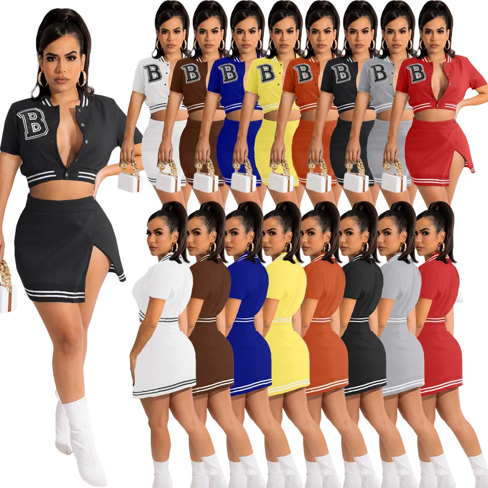 MB FASHION Cropped Varsity Jacket and High-Waisted Skirt Set with Slit 5089T