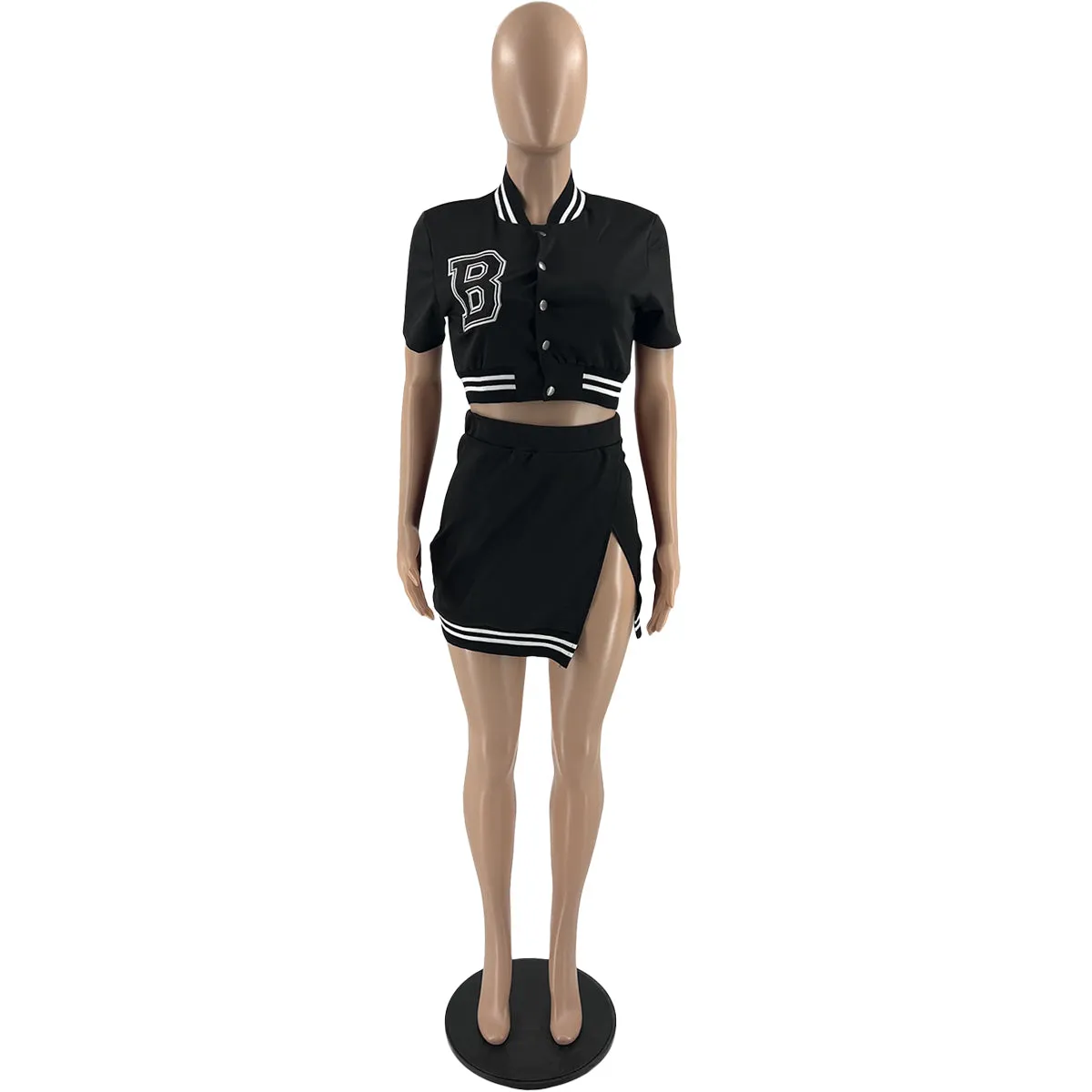 MB FASHION Cropped Varsity Jacket and High-Waisted Skirt Set with Slit 5089T