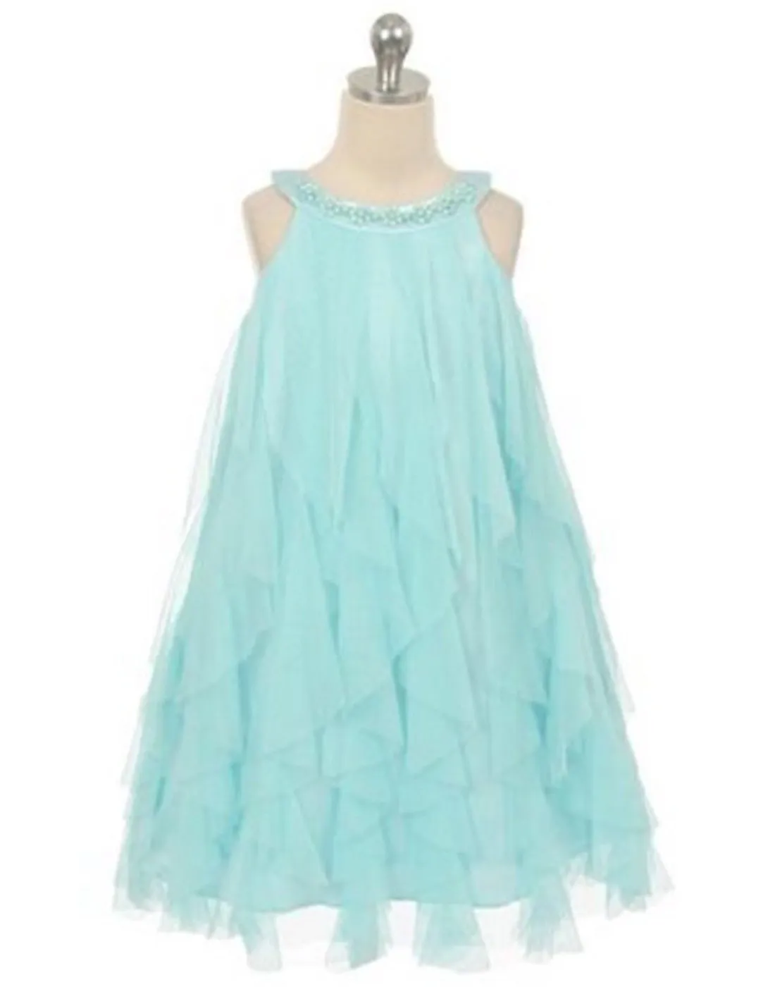 Mesmeric Mesh Ruffle Dress with Beaded Neckline - Turquoise