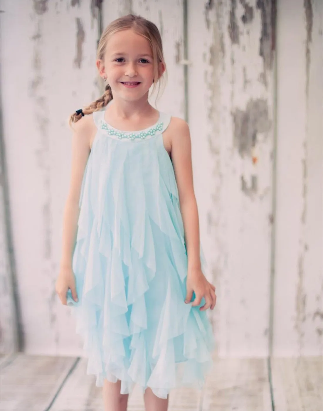 Mesmeric Mesh Ruffle Dress with Beaded Neckline - Turquoise