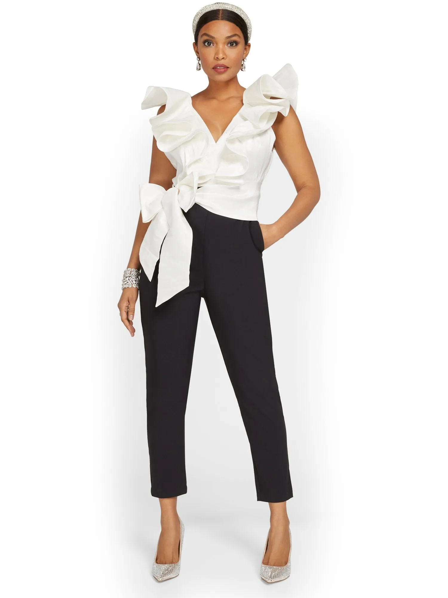 Petite Ruffle-Detail Two-Tone Jumpsuit