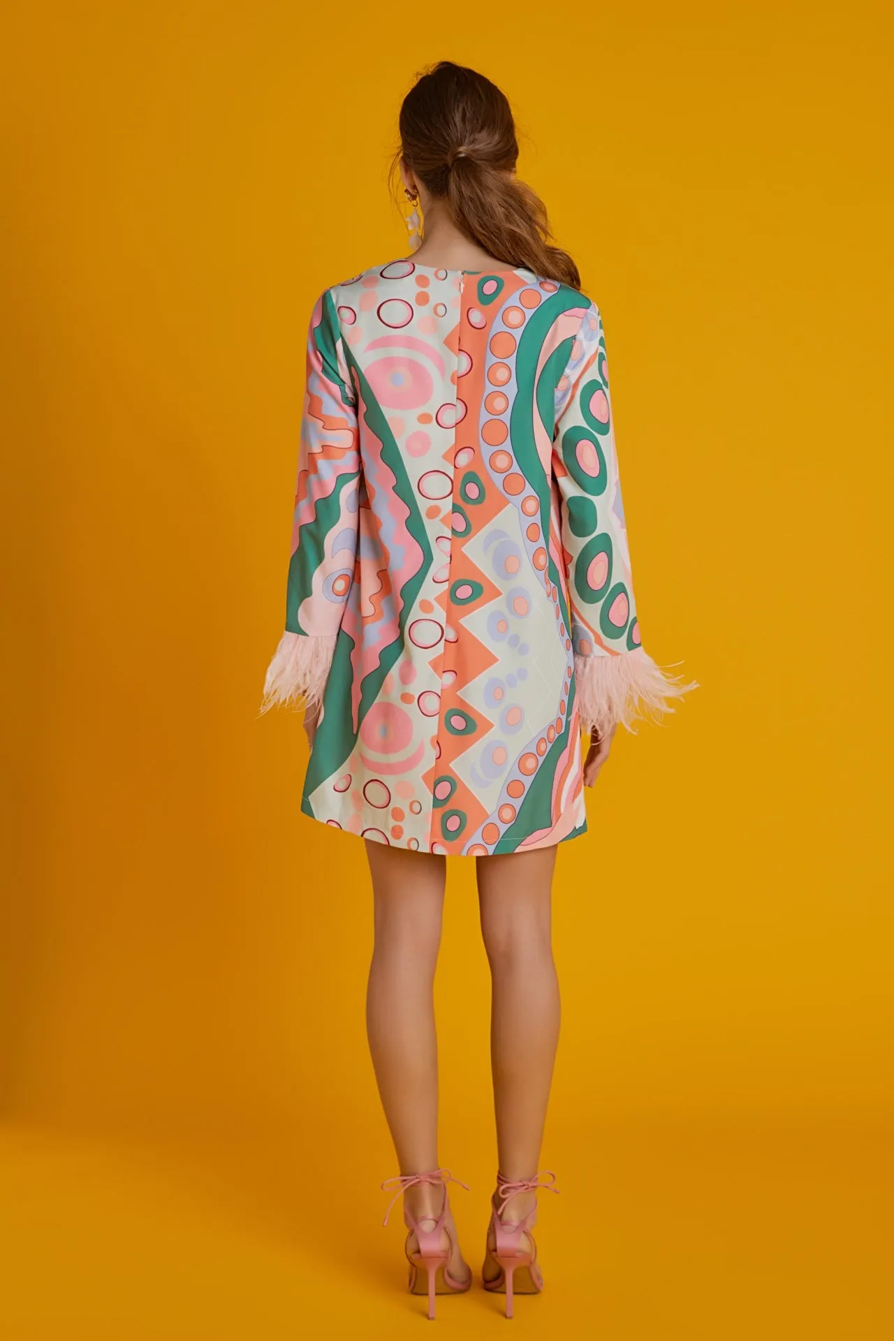 Print Mini Tunic Dress With Feather