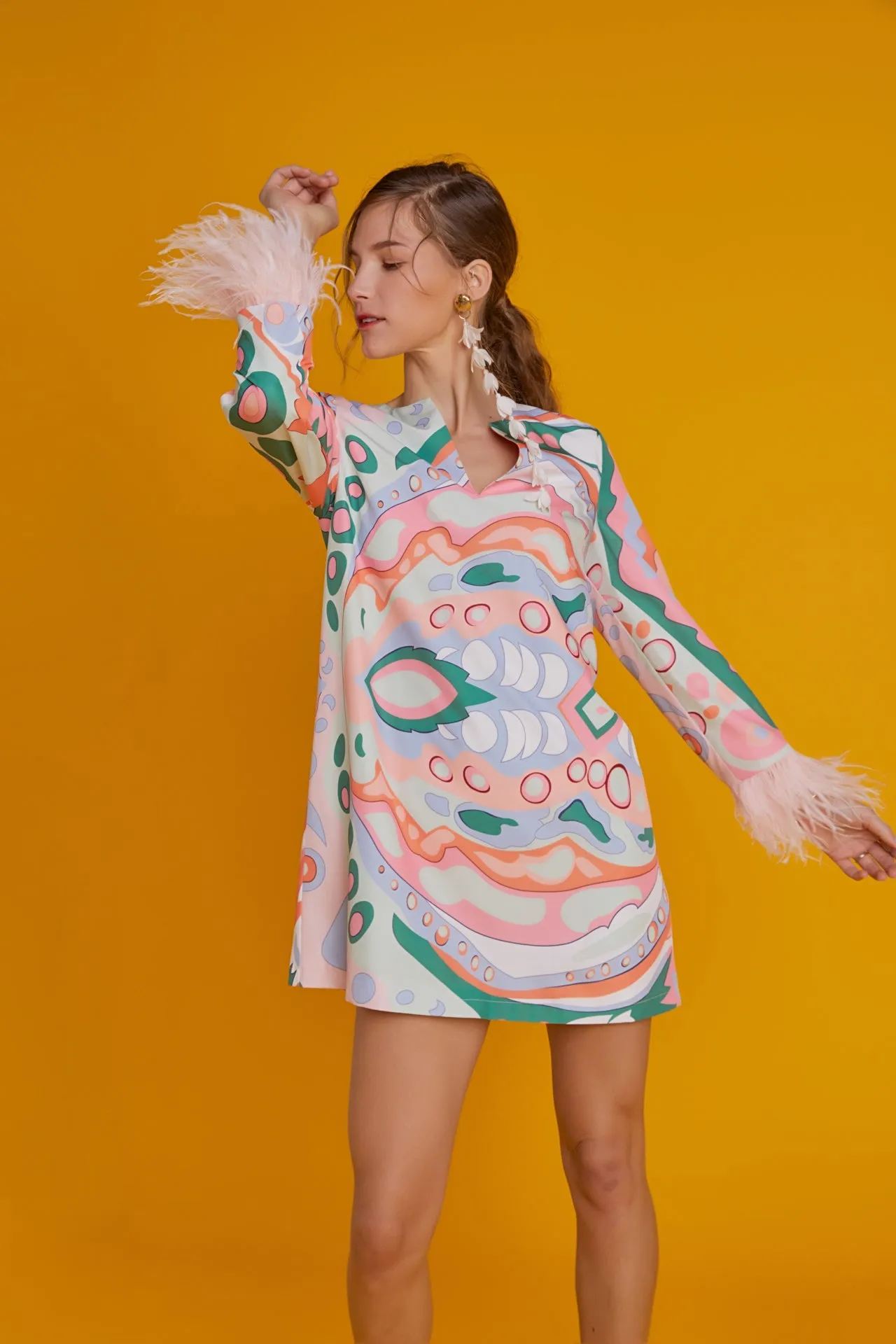 Print Mini Tunic Dress With Feather
