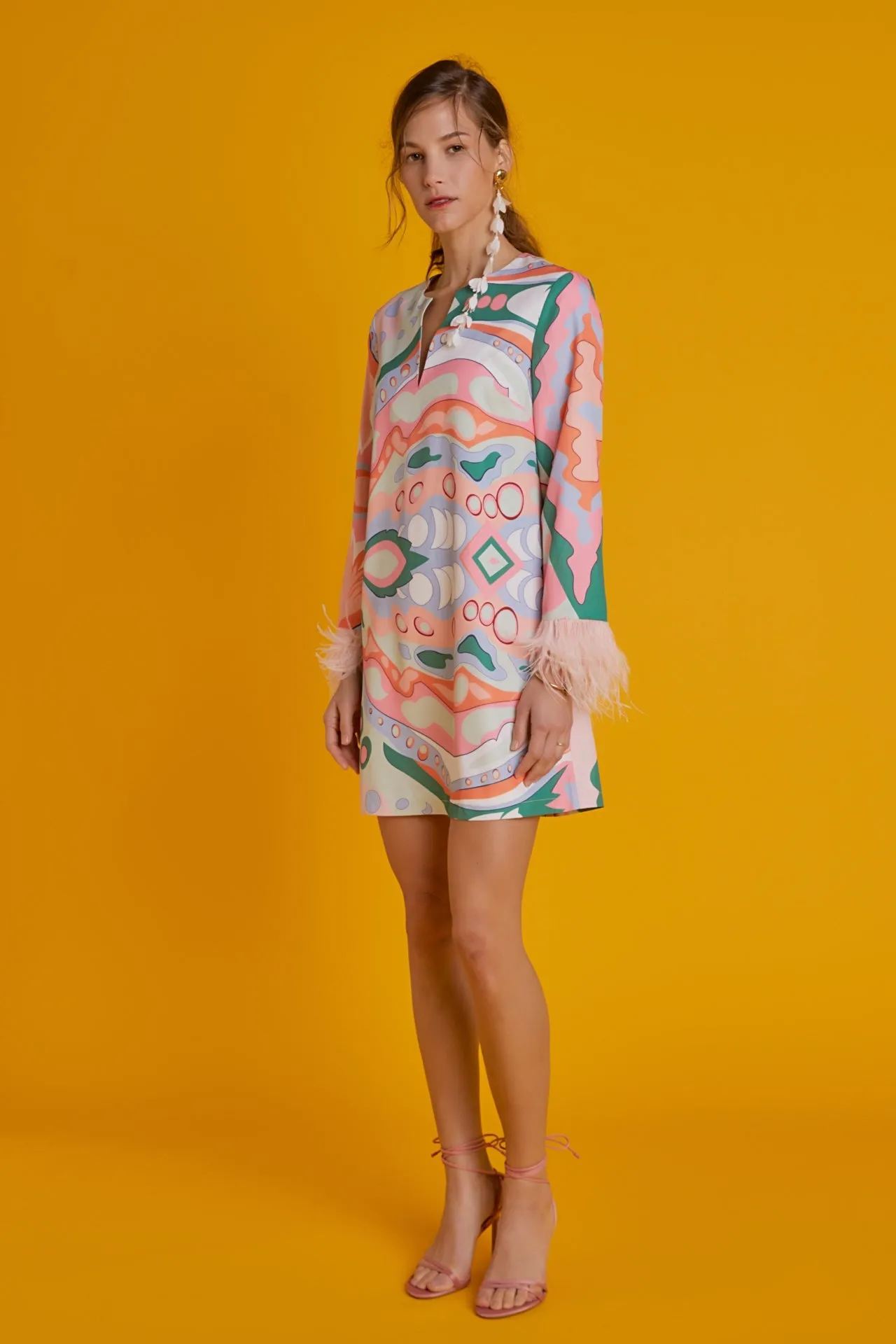 Print Mini Tunic Dress With Feather