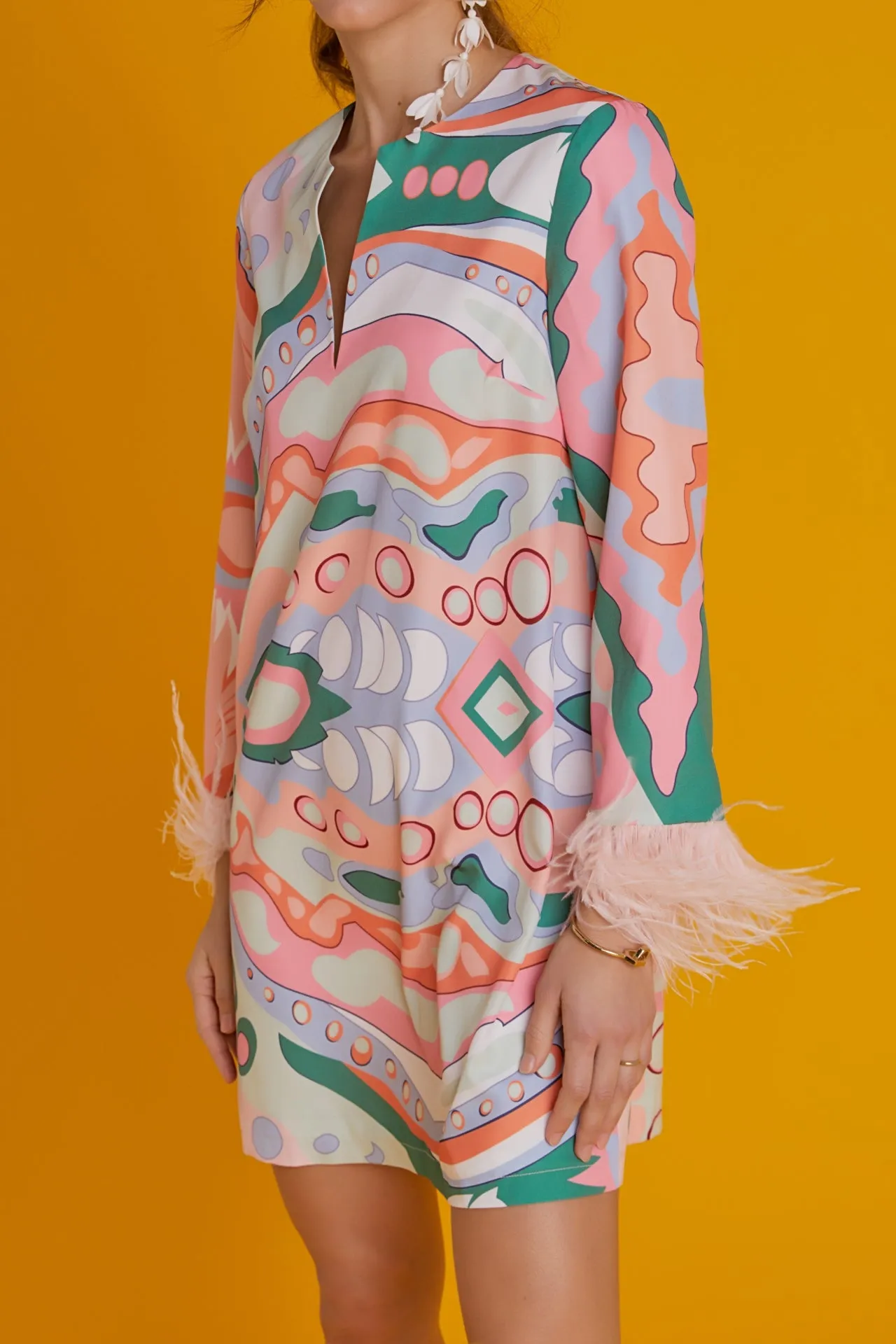 Print Mini Tunic Dress With Feather