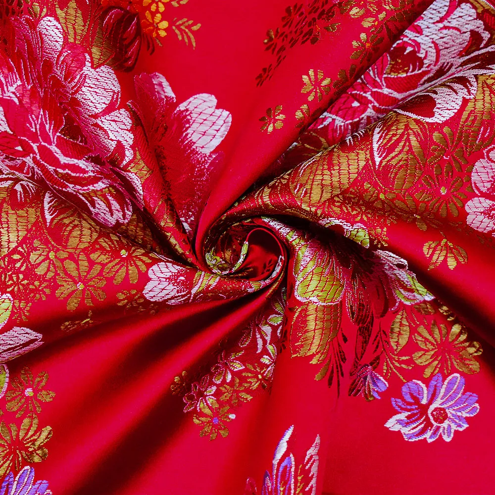 Red-Orange-Multi Polyester Floral Chinese Brocade Woven Fabric