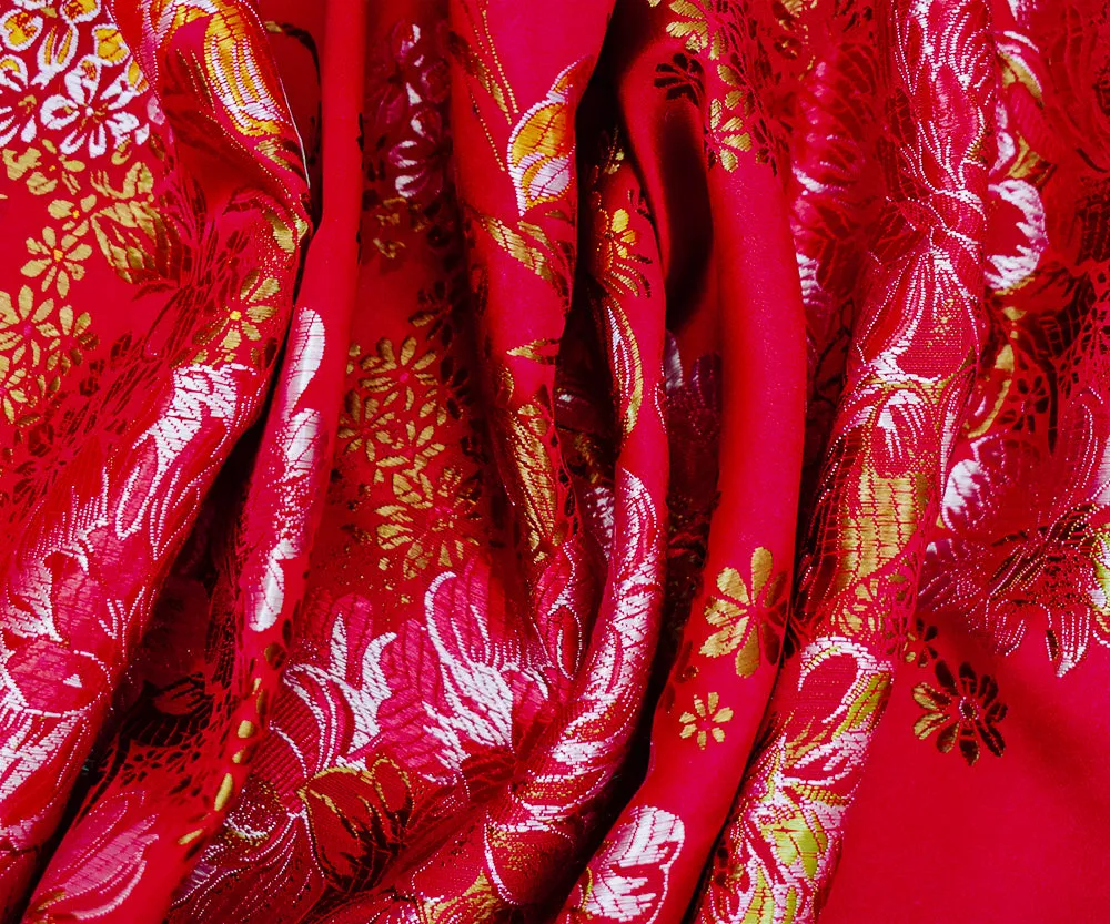 Red-Orange-Multi Polyester Floral Chinese Brocade Woven Fabric