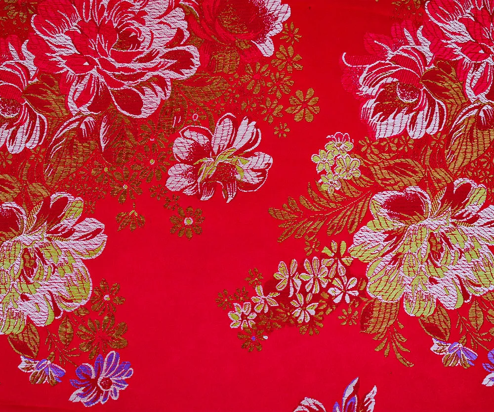 Red-Orange-Multi Polyester Floral Chinese Brocade Woven Fabric