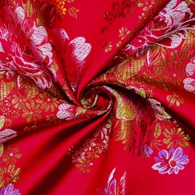 Red-Orange-Multi Polyester Floral Chinese Brocade Woven Fabric