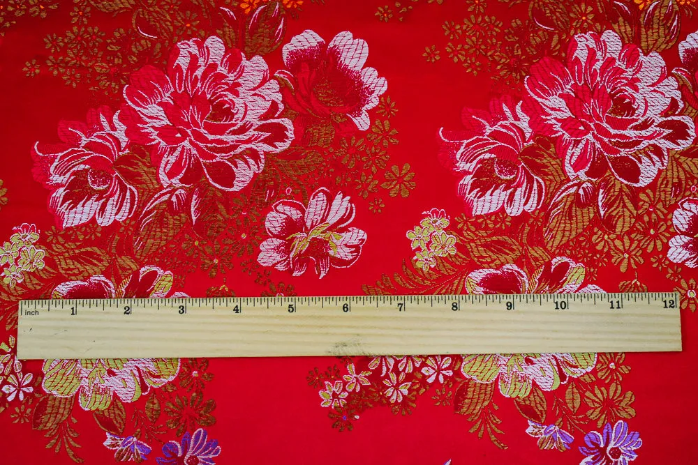 Red-Orange-Multi Polyester Floral Chinese Brocade Woven Fabric