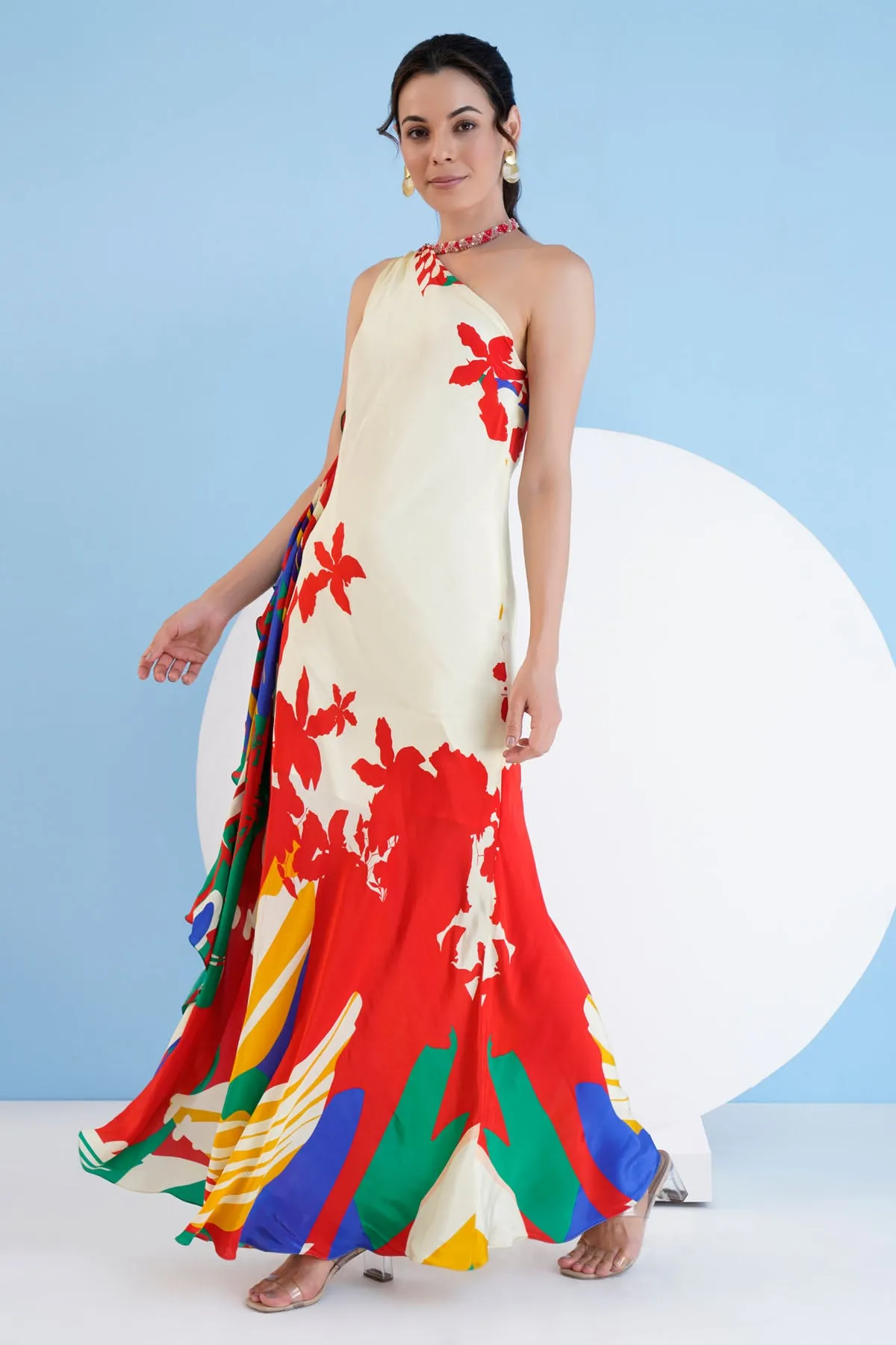Red Printed One Shoulder Dress